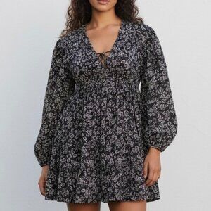 Merlette Lasse Print Mini Dress in Black Stamped Floral Size Large